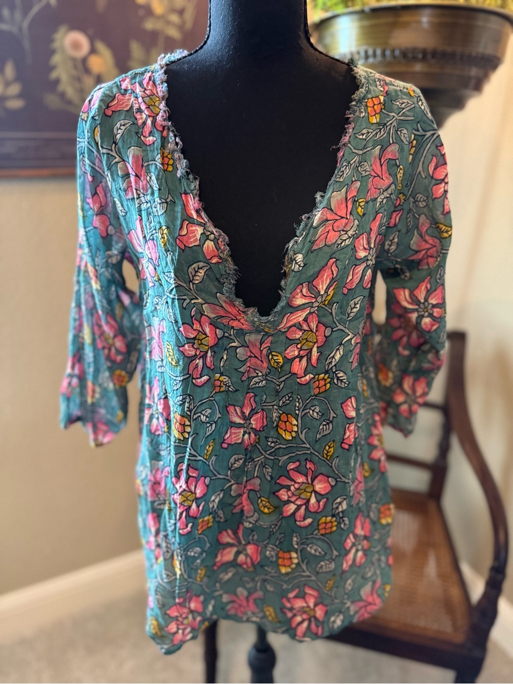 Natural life  Teal Floral V-Neck Women's Tunic Top